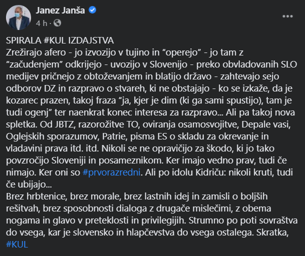 Anatomija nekega izdajstva – Janez Janša zamenjal medij in tokrat namesto na Twitterju kar na Facebooku obračunal s političnimi nasprotniki v “Spirali KUL izdajstva” 