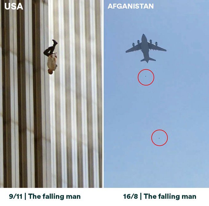 Dramatični posnetki smrti dveh Afganistancev, ki sta iz aviona omahnila v smrt, presenetljivo spominjajo na leto 2001 in padec dvojčkov