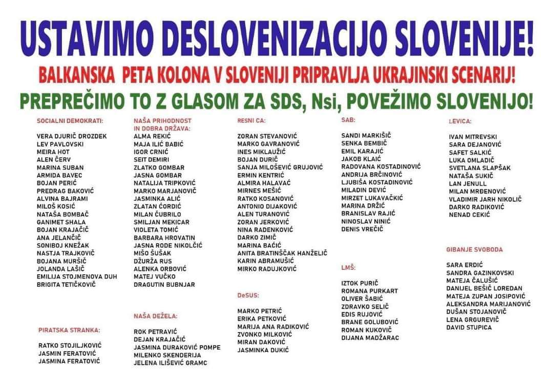 Hujskaški nacionalizem in ščuvanje proti “nečistim” Slovencem, ki kandidirajo na listah opozicijskih političnih strank ali zgolj politični pamflet, ki agitira za desne stranke?