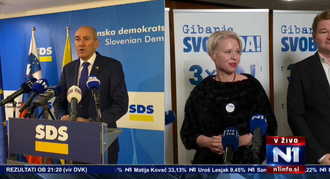 (VIDEO)  Janša razglasil zmago SDS na lokalnih volitvah po številu svetnikov – Urška Klakočar Zupančič pa je z rezultatom stranke Gibanje Svoboda zadovoljna,“nekoliko manj” z volilno udeležbo.