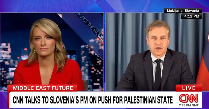 (VIDEO) Robert Golob popoldne v pogovoru za CNN-u  voditelje EU pozval k priznanju Palestine,  zvečer pa naj  bi proti Luki Koper plula ladja z orožjem za Izrael